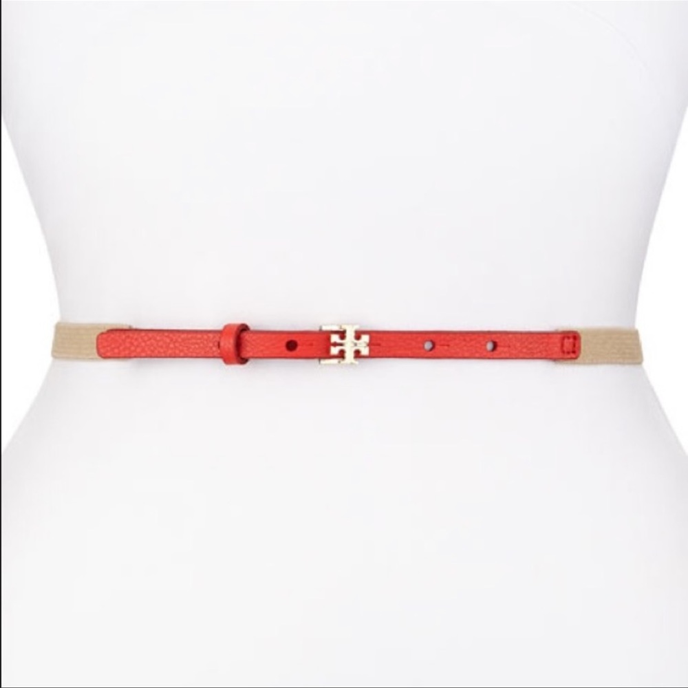 Tory Burch Leather & Stretch Canvas Skinny Belt